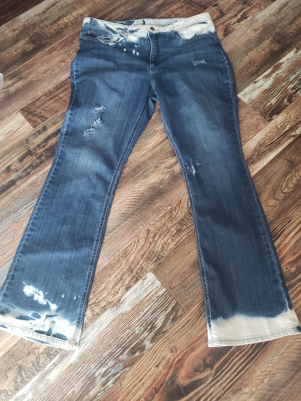 Custom Women's Blue Distressed Jeans - Bleach Accent